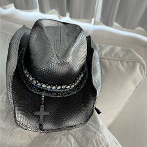 Vintage Silver Black  Cowboy Hat with Cross Pendant